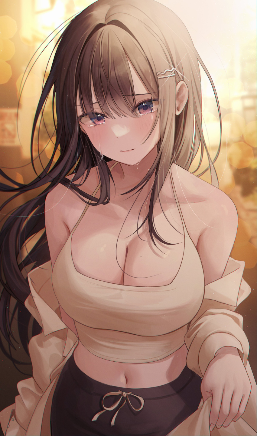 1girl absurdres bare_shoulders black_shorts breasts brown_hair brown_shirt camisole cleavage closed_mouth crop_top crying crying_with_eyes_open drawstring hair_ornament hairclip halterneck highres jacket large_breasts long_hair looking_at_viewer midriff mole mole_on_breast myowa navel off_shoulder open_clothes open_jacket original red_eyes shirt shorts sleeveless sleeveless_shirt solo spaghetti_strap stomach tears upper_body very_long_hair white_jacket