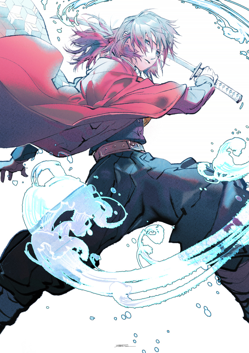 1boy belt black_hair black_jacket black_pants blue_eyes closed_mouth cowboy_shot demon_slayer_uniform fighting_stance haori highres holding holding_sword holding_weapon jacket japanese_clothes katana kimetsu_no_yaiba long_hair long_sleeves looking_at_viewer low_ponytail male_focus pants ruint solo standing sword tomioka_giyuu water weapon white_background