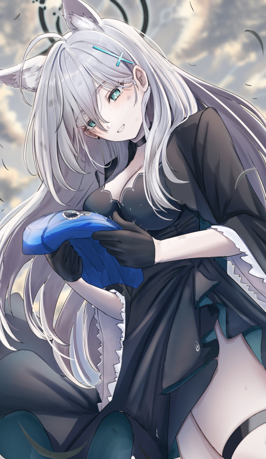 1girl ahoge animal_ear_fluff animal_ears black_choker black_gloves blue_archive blue_eyes breasts cafenami choker cleavage cowboy_shot cross_hair_ornament dark_halo extra_ears gloves grey_hair hair_ornament halo highres holding holding_clothes large_breasts long_hair open_mouth sad_smile shiroko_(blue_archive) shiroko_terror_(blue_archive) solo tears thigh_strap wolf_ears