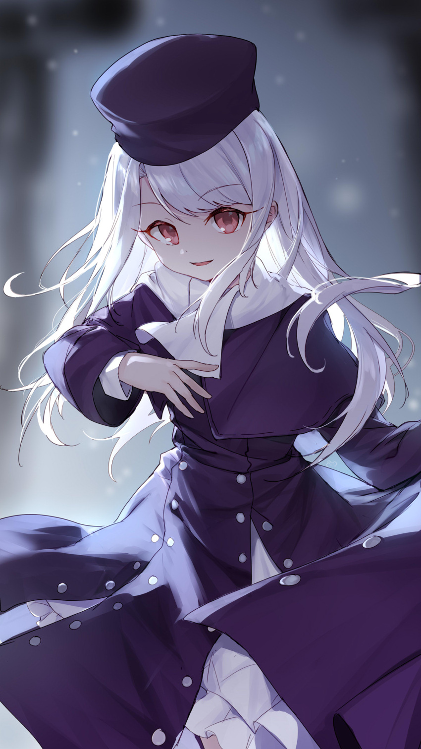 1girl bison_cangshu blush breasts dress fate/stay_night fate_(series) hair_between_eyes hat highres illyasviel_von_einzbern long_hair long_sleeves looking_at_viewer open_mouth purple_dress purple_headwear red_eyes scarf sidelocks skirt small_breasts smile solo white_hair white_scarf white_skirt