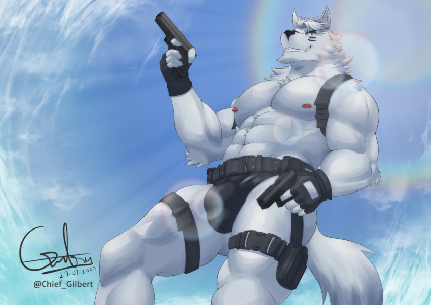 2023 abs anthro areola biceps big_bulge biped bulge butt canid canine canis chief_gilbert clothed clothing digital_media_(artwork) eye_black eyebrows fingerless_gloves fur gloves gun hair handgun handwear holding_gun holding_object holding_weapon low-angle_view male mammal muscular muscular_anthro muscular_male muscular_thighs navel nipples partially_clothed pecs pistol quads ranged_weapon smile solo teeth thick_thighs weapon white_body white_fur white_hair wolf