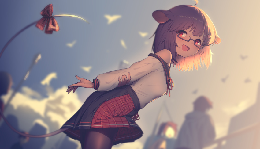1girl absurdres animal_ears arms_behind_back bird black_pantyhose blurry blurry_background bow breasts brown_hair cloud commission glasses hair_ornament hairclip highres hoplitx leaning_forward long_sleeves mouse_ears mouse_girl mouse_tail open_mouth original outdoors pantyhose pixiv_commission plaid plaid_skirt red_bow red_eyes short_hair skirt sky small_breasts solo tail tail_bow tail_ornament
