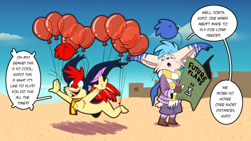 after_transformation antennae_(anatomy) balloon bottomwear clothing dialogue erakir implied_transformation inflatable ivalician_moogle jacket pom_antennae scarf shorts tail topwear transformation trevor-fox wings