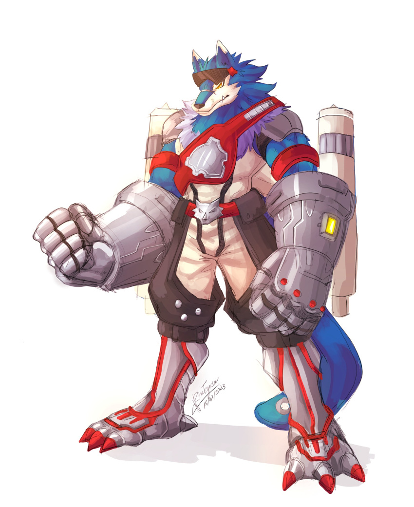 absurd_res anthro bandai_namco blue_body blue_fur canid canine canis championship_belt claws digimon digimon_(species) eyewear eyewear_on_head fur hi_res jet_pack machgaogamon male mammal muscular muscular_anthro muscular_male pecs rina_tigressa solo sunglasses sunglasses_on_head wolf