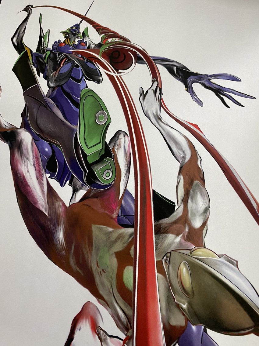 alien eva_01 evangelion_(mecha) extra_arms highres horns lance_of_longinus_(evangelion) madangel mecha neon_genesis_evangelion no_humans rebuild_of_evangelion robot science_fiction shin_ultraman single_horn tokusatsu ultra_series ultraman ultraman_(1st_series) ultraman_(shin)