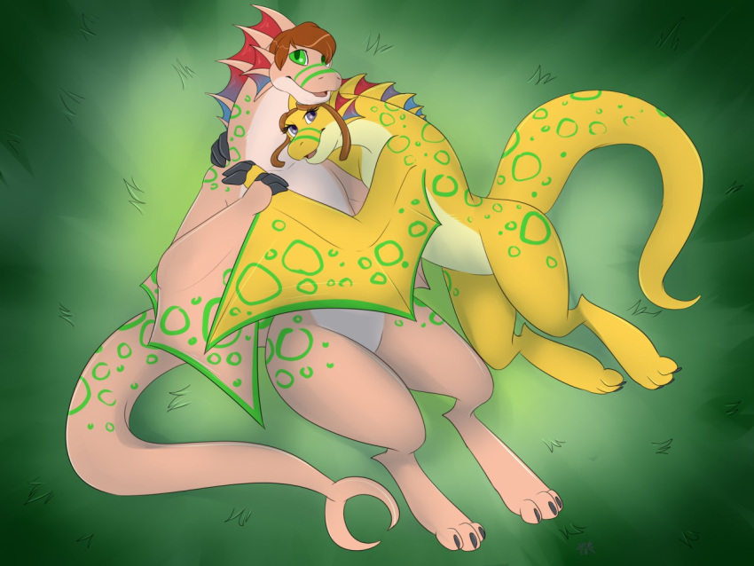3_fingers 3_toes anthro brown_hair claws cuddling digitigrade dragon duo eyewear eyewear_on_head feet female fingers goggles goggles_on_head grass green_eyes hair high-angle_view male nude outside plant scalie toe_claws toes winged_arms wings wyvern xchiseaxmargaritax yellow_body