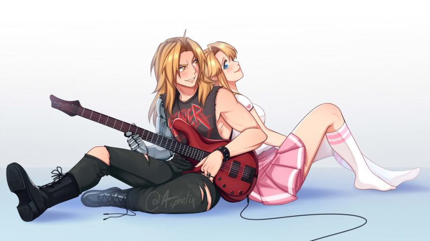 1boy 1girl aiphelix alternate_costume bare_shoulders black_pants blonde_hair blue_eyes blush edward_elric electric_guitar fullmetal_alchemist guitar happy highres holding holding_instrument instrument jewelry long_hair looking_at_another looking_at_viewer mechanical_arms multiple_rings music pants pink_skirt playing_instrument pleated_skirt print_shirt prosthesis ring shirt short_sleeves simple_background single_mechanical_arm sitting skirt smile socks t-shirt torn_clothes torn_pants white_shirt white_socks winry_rockbell yellow_eyes