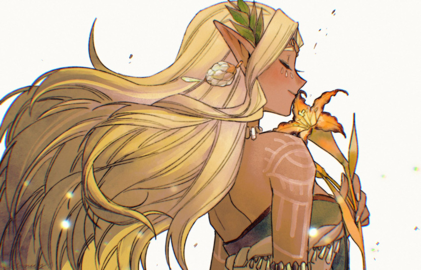 1girl bare_shoulders blonde_hair closed_eyes closed_mouth commentary_request dark-skinned_female dark_skin earrings fingernails floating_hair flower highres holding holding_flower jewelry long_hair mouyi pointy_ears profile shoulder_tattoo simple_background smile solo sonia_(zelda) strapless tattoo the_legend_of_zelda the_legend_of_zelda:_tears_of_the_kingdom white_background yellow_flower