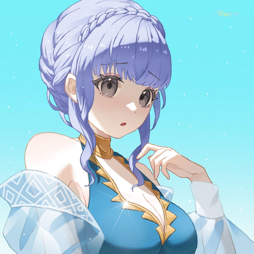 1girl :o bikini black_eyes blue_bikini blue_hair braid breasts brown_eyes cleavage commentary crown_braid fire_emblem fire_emblem:_three_houses fire_emblem_heroes highres looking_at_viewer marianne_von_edmund medium_breasts official_alternate_costume see-through short_hair sidelocks solo swimsuit tzzis