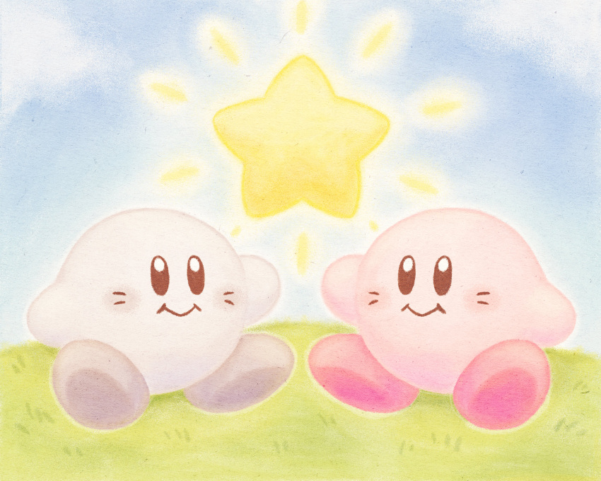 black_eyes blue_sky bright_pupils closed_mouth cloud dual_persona facial_mark highres kirby kirby's_dream_land kirby_(series) no_humans official_alternate_color on_grass outdoors siho1209 sitting sky star_(symbol) whisker_markings white_pupils