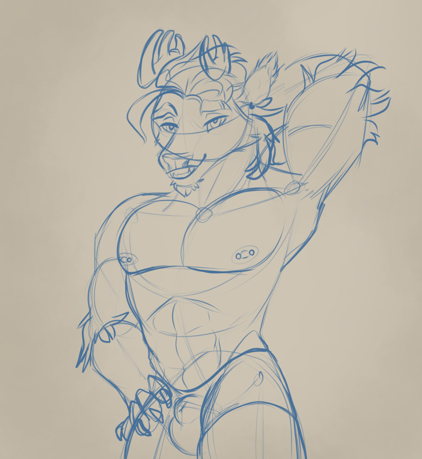 absurd_res ambiguous_gender anthro antlers arm_tuft boxers_(clothing) bulge chimera clothing deer ear_piercing ear_ring ear_tuft elbow_tuft eyebrow_scar feathers hands_behind_head hands_on_hips hi_res himbo horn humanoid intersex male maleherm mammal monsters_and_mutants muscular muscular_anthro muscular_male nipple_piercing nipples peryton piercing prince_solstice_(monsters_and_mutants) raised_arm ring_piercing sketch sketchy smile solo tuft underwear