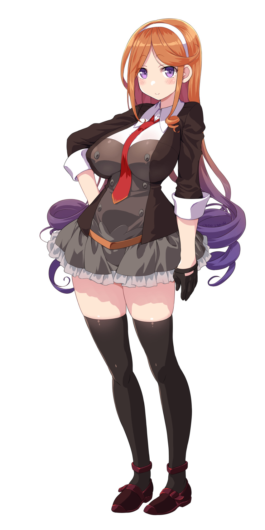 1girl absurdres black_gloves black_jacket black_thighhighs blazer blush breasts closed_mouth collared_shirt dd_(ijigendd) full_body gloves gradient_hair hairband highres jacket kantai_collection large_breasts long_hair multicolored_hair necktie open_clothes open_jacket orange_hair purple_eyes purple_hair red_necktie shirt simple_background sleeves_past_elbows smile solo thighhighs white_background white_hairband white_shirt yuugure_(kancolle)