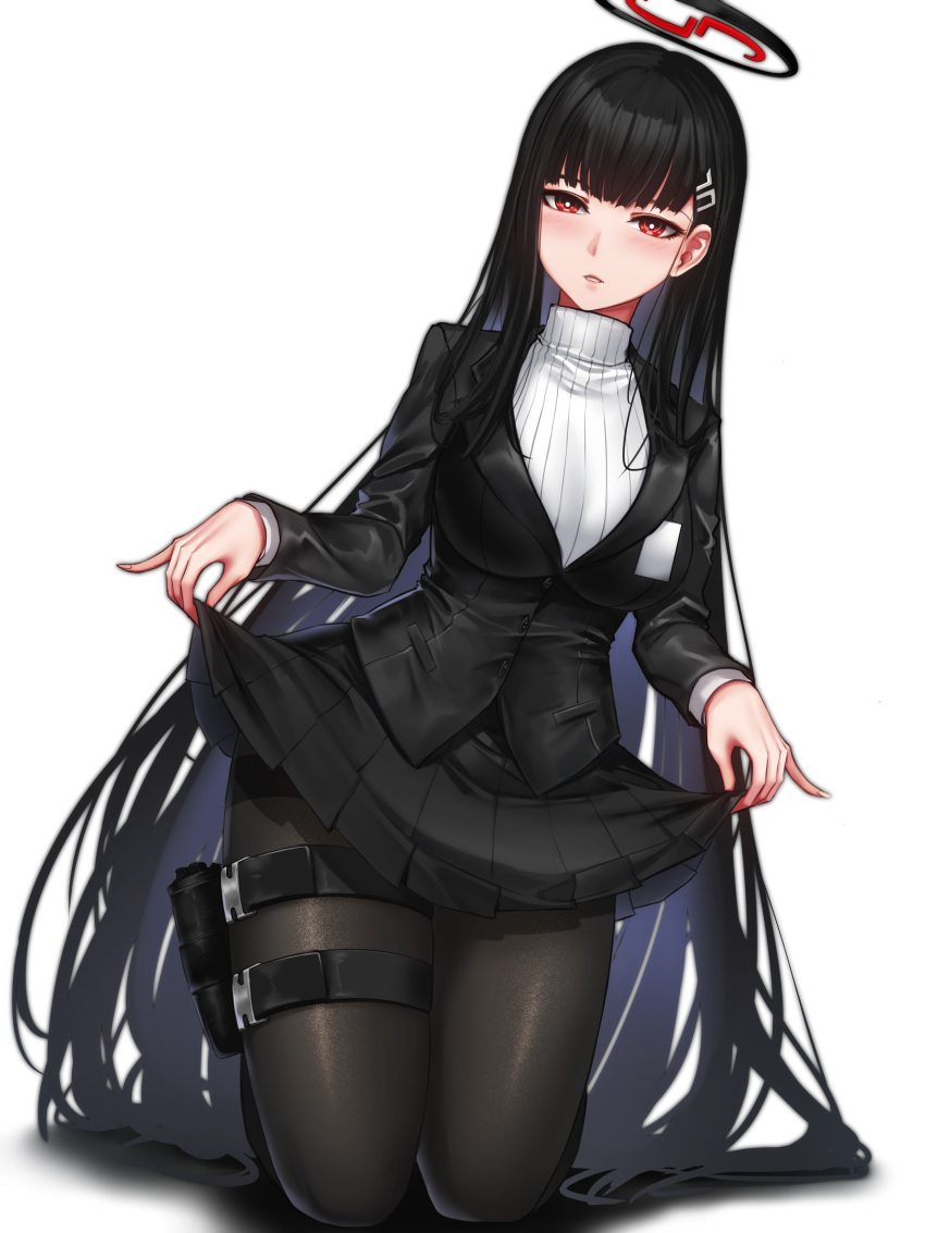 1girl absurdres black_hair black_pantyhose blazer blue_archive blush breasts clothes_lift hair_ornament hairclip halo highres holster jacket kibellin kneeling lifted_by_self long_hair looking_at_viewer pantyhose red_eyes rio_(blue_archive) skirt skirt_lift solo sweater thigh_holster thigh_strap turtleneck turtleneck_sweater very_long_hair