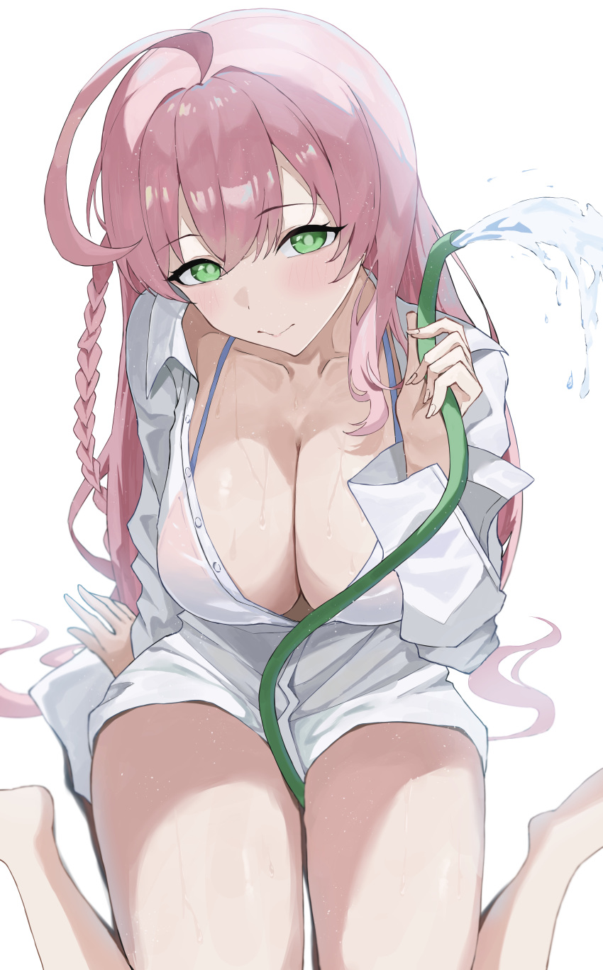 1girl absurdres ahoge bikini bikini_under_clothes blue_archive blush braid breasts cleavage closed_mouth collarbone commentary green_eyes hanako_(blue_archive) hanako_(swimsuit)_(blue_archive) higashiwun_izumi highres holding holding_hose hose large_breasts long_sleeves looking_at_viewer official_alternate_costume red_bikini see-through see-through_shirt shirt simple_background single_braid sitting solo swimsuit thighs water wet wet_clothes wet_hair wet_shirt white_background white_shirt