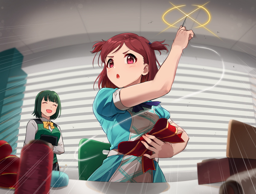 2girls aoba_misaki blinds blue_dress blurry blurry_foreground bob_cut bow bowtie brown_hair closed_eyes commentary depth_of_field desk diffraction_spikes dress dress_shirt emphasis_lines frown green_hair green_vest holding holding_bow_(ornament) holding_needle idolmaster idolmaster_million_live! indoors kamille_(vcx68) light_trail long_sleeves looking_at_viewer mole mole_under_mouth multiple_girls needle open_mouth otonashi_kotori puffy_short_sleeves puffy_sleeves purple_eyes red_bow shirt short_hair short_sleeves smile standing swept_bangs thread two_side_up vest white_shirt yellow_bow yellow_bowtie