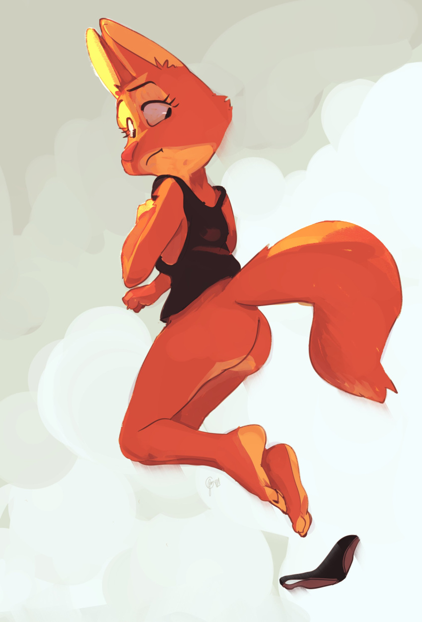 2023 absurd_res anthro bottomless bottomless_anthro bottomless_female butt canid canine clothed clothing diane_foxington dreamworks ears_up edtropolis female fox fur hi_res jumping looking_back looking_down mammal midair mouth_closed panties raised_tail shirt signature solo tail tank_top the_bad_guys topwear underwear