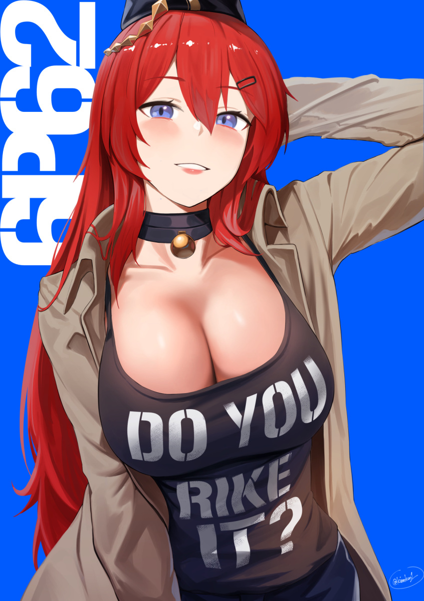 1girl 6p62_(girls'_frontline) arms_behind_back black_shirt blue_background blue_eyes breasts brown_jacket clothes_writing english_text engrish_text girls'_frontline hair_ornament hairclip hat highres jacket jewelry kion-kun large_breasts long_hair looking_at_viewer military_hat necklace open_clothes open_jacket plunging_neckline ranguage red_hair shirt shy