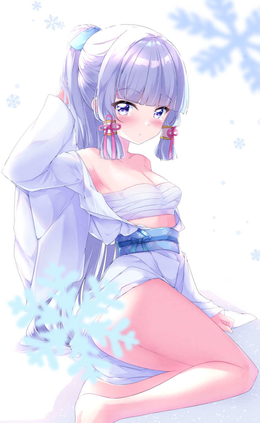 absurdres alternate_costume bandaged_chest barefoot blue_eyes blue_hair blunt_bangs blunt_tresses blush fuuna genshin_impact hair_tubes highres japanese_clothes kamisato_ayaka kimono long_hair looking_at_viewer open_clothes open_kimono ponytail short_kimono sitting white_kimono