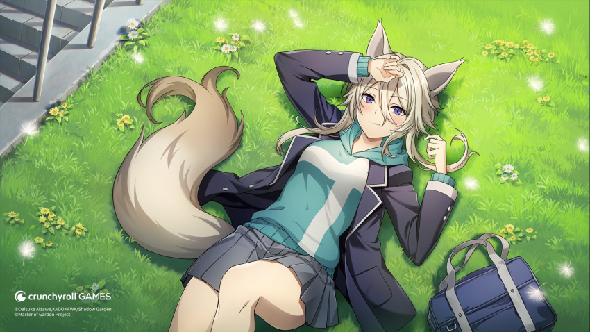 1girl :3 animal_ears aqua_hoodie bag black_jacket blonde_hair blue_bag cat_ears cat_girl cat_tail closed_mouth commentary english_commentary grass grey_skirt hair_between_eyes highres jacket kage_no_jitsuryokusha_ni_naritakute! looking_at_viewer lying official_art on_back on_grass pleated_skirt purple_eyes school_bag school_uniform short_hair_with_long_locks skirt smile solo tail zeta_(kage_no_jitsuryokusha_ni_naritakute!)
