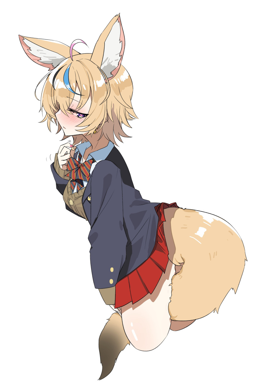 1girl absurdres animal_ears antenna_hair black_hair blazer blonde_hair blue_hair blush cardigan fox_ears fox_girl fox_tail hair_between_eyes heart heart-shaped_pupils highres hololive jacket looking_to_the_side miniskirt multicolored_hair nail_polish official_alternate_hair_length official_alternate_hairstyle omaru_polka parted_lips pink_hair purple_eyes school_uniform simple_background skirt solo streaked_hair sui_hi_sf symbol-shaped_pupils tail thighs virtual_youtuber white_background