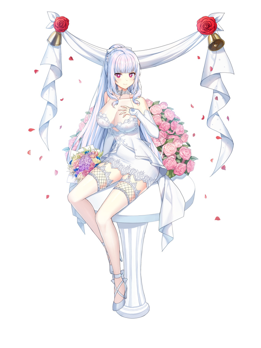 1girl ankle_bow arm_support banner bare_shoulders bell blunt_bangs blush bouquet bow braid breasts bridal_gauntlets bright_pupils cleavage closed_mouth closers clothing_cutout collarbone dress falling_petals flower french_braid full_body hair_bow hand_on_own_chest hand_up high_heels highres lace-trimmed_dress lace-trimmed_thighhighs lace_trim large_breasts long_hair looking_at_viewer mirae_(closers) official_art on_table pencil_dress petals pink_flower pink_rose ponytail purple_eyes purple_flower purple_rose red_flower red_rose rose rose_bush round_table see-through_cleavage short_dress sidelocks sitting sitting_on_table sleeveless sleeveless_dress smile solo table tachi-e thighhighs underboob_cutout very_long_hair wedding_dress white_background white_bow white_bridal_gauntlets white_dress white_footwear white_hair white_pupils white_thighhighs yellow_flower yellow_rose