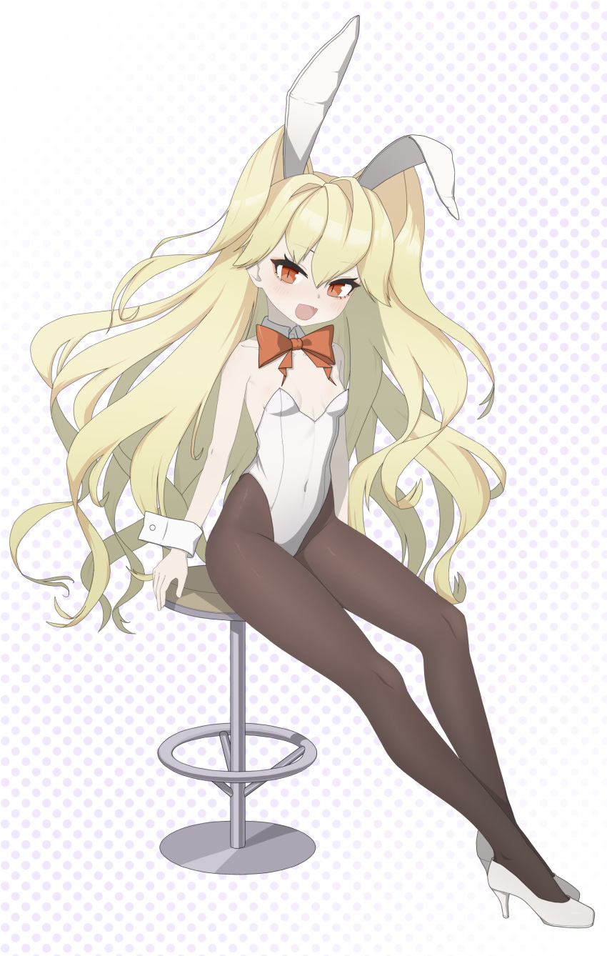 1girl absurdres animal_ears black_pantyhose blonde_hair bow bowtie breasts character_request clover_theater detached_collar high_heels highres leotard long_hair pantyhose playboy_bunny polka_dot polka_dot_background rabbit_ears red_eyes sitting small_breasts solo stool strapless strapless_leotard two_side_up white_background white_footwear white_leotard wrist_cuffs zhuan_a_zhuan