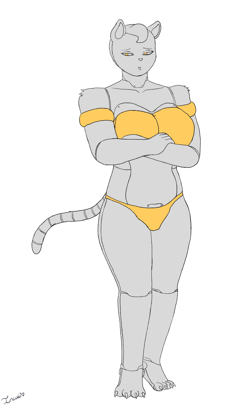 16:9 2023 absurd_res animal_humanoid animatronic anthro big_breasts breasts burger_bella claws clothed clothing digital_media_(artwork) domestic_cat felid felid_humanoid feline feline_humanoid felis female full-length_portrait fur greyscale hair hi_res hind_legs humanoid line_art long_tail looking_at_viewer machine mammal mammal_humanoid monochrome open_mouth portrait robot shapie_(artist) short_hair signature simple_background solo swimwear tail widescreen worried_look yellow_clothing yellow_eyes