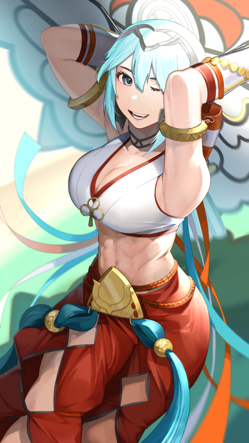 1girl abs absurdres armlet arms_behind_head baggy_pants blurry blurry_background breasts cleavage dagr_(winds_offered)_(fire_emblem) fire fire_emblem fire_emblem_heroes grey_hair highres ikura_(downdexp) kite looking_at_viewer medium_breasts midriff muscular muscular_female one_eye_closed open_mouth pants short_hair smile solo teeth tiara