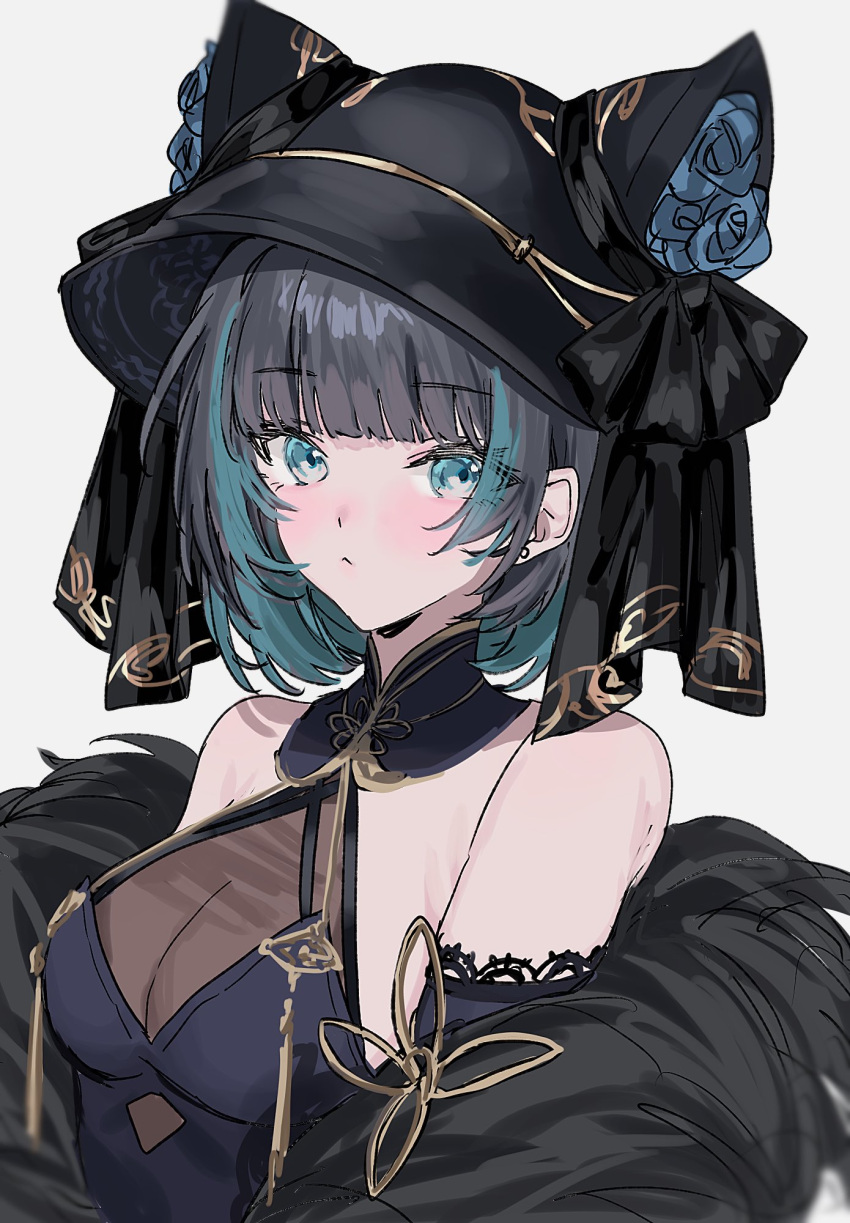 1girl animal_ears aogisa aqua_eyes aqua_hair azur_lane bare_shoulders black_hair black_headwear blue_hair blush breasts cheshire_(azur_lane) cheshire_(cait_sith_crooner)_(azur_lane) china_dress chinese_clothes cleavage closed_mouth dress fake_animal_ears feather_boa fedora flower hat hat_flower highres large_breasts looking_at_viewer multicolored_hair official_alternate_costume see-through_cleavage short_hair simple_background sleeveless sleeveless_dress solo streaked_hair white_background