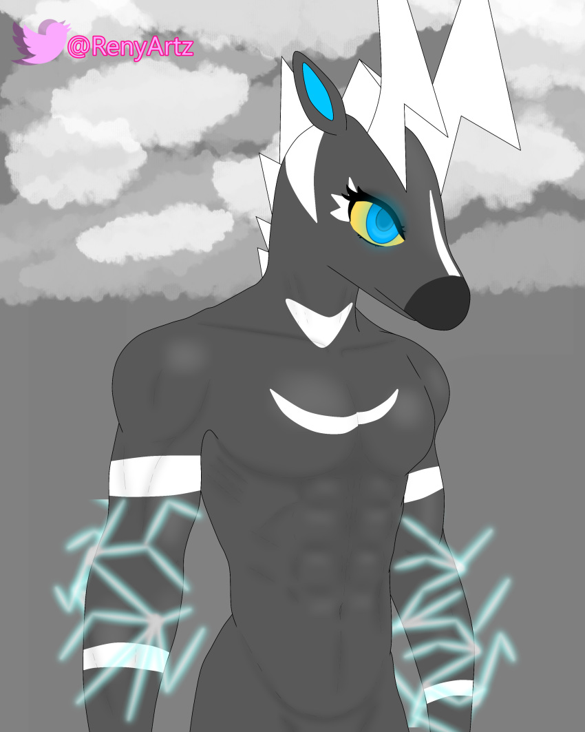 absurd_res anthro black_body blue_eyes electricity equid equine eyelashes generation_5_pokemon hi_res humanoid looking_away male mammal muscular muscular_male nintendo nude pecs pokemon pokemon_(species) renyartz serious sky solo stripes zebra zebstrika