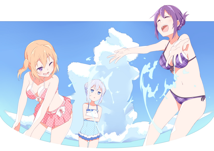 3girls :d ;d ^_^ bare_arms bare_legs bare_shoulders bikini bikini_skirt blue_eyes blue_one-piece_swimsuit blue_sky braid breasts closed_eyes cloud collarbone crown_braid day double_bun folded_ponytail front-tie_bikini_top front-tie_top gochuumon_wa_usagi_desu_ka? hair_bun hetareeji hoto_cocoa jitome kafuu_chino leaning_forward medium_breasts multiple_girls navel one-piece_swimsuit one_eye_closed one_side_up open_mouth orange_hair outdoors pink_bikini plaid plaid_bikini polka_dot polka_dot_bikini purple_bikini purple_eyes purple_hair short_hair sky smile splashing swimsuit tedeza_rize tippy_(gochiusa) wading water