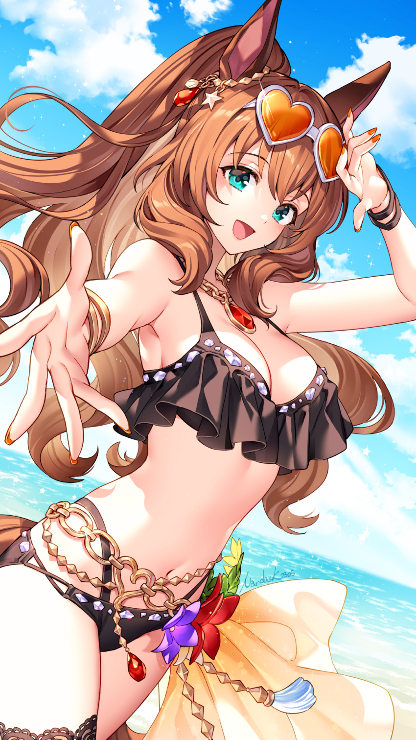 1girl :d animal_ears arm_up armpits bangle bare_shoulders bikini black_bikini blue_eyes bracelet breasts brown_hair cleavage cowboy_shot day eyewear_on_head frilled_bikini frills heart heart-shaped_eyewear highres horse_ears horse_girl jewelry long_hair looking_at_viewer maruzensky_(blasting_off_summer_night)_(umamusume) maruzensky_(umamusume) medium_breasts multi-strapped_bikini nail_polish nardack navel necklace official_alternate_costume open_mouth orange_nails outdoors outstretched_arm ponytail smile solo stomach string_bikini sunglasses swimsuit thighs umamusume