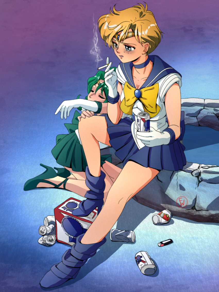 2girls absurdres aqua_footwear aqua_gemstone aqua_hair aqua_skirt back_bow bags_under_eyes beer_can bishoujo_senshi_sailor_moon blonde_hair blue_bow blue_choker blue_footwear blue_gemstone blue_sailor_collar blue_skirt bow bowtie breasts brooch can choker cigarette circlet closed_eyes elbow_gloves fountain fritz_willie gem gloves grey_eyes high_heels highres holding holding_cigarette jewelry kaiou_michiru lighter lips long_hair miniskirt multiple_girls parted_bangs pleated_skirt sailor_collar sailor_neptune sailor_uranus shirt short_hair short_sleeves skirt sleeping small_breasts strappy_heels ten'ou_haruka tobacco very_short_hair wavy_hair white_gloves white_shirt yellow_bow yellow_bowtie