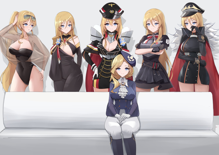 6+girls absurdres ascot azur_lane bismarck_(azur_lane) bismarck_(beacon_of_the_iron_blood)_(azur_lane) bismarck_(iron_black_elysium)_(azur_lane) bismarck_zwei_(azur_lane) bismarck_zwei_(crystal-clear_holiday)_(azur_lane) black_cape black_dress black_footwear black_gloves black_one-piece_swimsuit blonde_hair blue_eyes boots bow bowtie breasts cape chinese_commentary cleavage commentary_request couch covered_navel cross crossed_arms dress eyewear_on_head frown fur-trimmed_cape fur_trim gaizhuang_no_tianlangxing-shiriasu gloves hat highres hood_(azur_lane) hood_(gentlewoman_and_stallion)_(azur_lane) iron_cross knee_boots large_breasts looking_at_another looking_at_viewer meme multiple_girls one-piece_swimsuit pants piper_perri_surrounded_(meme) purple_shirt riding_boots see-through shirt sitting smile sunglasses swimsuit thigh_boots tight_clothes tight_pants white_ascot white_gloves yuri