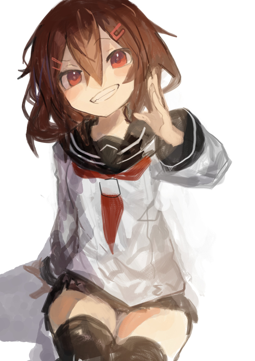 1girl absurdres bangs black_sailor_collar black_skirt black_thighhighs brown_eyes brown_hair grin hair_between_eyes hair_ornament hairclip highres ikazuchi_(kancolle) kaamin_(mariarose753) kantai_collection long_sleeves neckerchief red_neckerchief sailor_collar school_uniform serafuku short_hair simple_background skirt smile solo thighhighs white_background