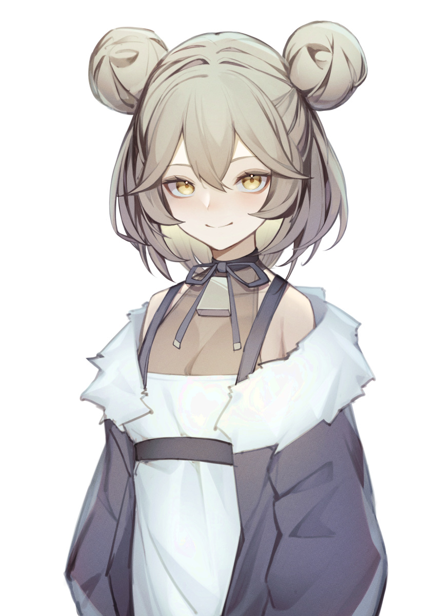 1girl absurdres akuto_(akuto_desu) bare_shoulders bell black_jacket black_skirt blush breasts closed_mouth commission cowbell double_bun dress empire_waist fur-trimmed_jacket fur_trim grey_hair hair_between_eyes hair_bun hair_flaps highres indie_virtual_youtuber jacket light_blush looking_at_viewer medium_hair moosuki_(vtuber) neck_bell skeb_commission skirt small_breasts smile solo virtual_youtuber white_dress yellow_eyes