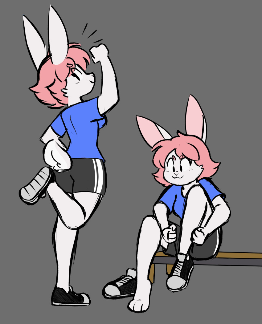 2019 3_toes 4_fingers :3 absurd_res anthro bar_emanata bench biped black_bottomwear black_clothing black_emanata black_shorts black_sneakers blue_clothing blue_shirt blue_topwear bottomwear breasts cheek_tuft circle_eyebrows clothed clothed_anthro clothed_female clothing colored countershade_tail countershading digital_drawing_(artwork) digital_media_(artwork) dressing emanata eye_through_hair eyebrow_through_hair eyebrows eyelashes facial_tuft feet female female_anthro fingers footwear front_view full-length_portrait fur furgonomic_bottomwear furgonomics grey_background hair hi_res kabula_(artist) lagomorph leporid mammal medium_hair on_bench on_one_leg one_shoe_on pink_body pink_countershading pink_ears pink_eyebrows pink_fur pink_hair pink_inner_ear pink_tail pink_tuft portrait rabbit rear_view scut_tail shirt shoelaces shoes short_tail shorts simple_background sitting sitting_on_bench smile sneakers solo standing tail three-quarter_view toes topwear translucent translucent_hair tuft tying_shoes