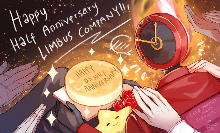 1boy 1other absurdres anniversary cake character_request coat commentary dante_(limbus_company) english_commentary english_text fire flower food gredell_elle heathcliff_(limbus_company) highres limbus_company mili_(band) object_head pants project_moon red_coat rose signature star_(symbol)
