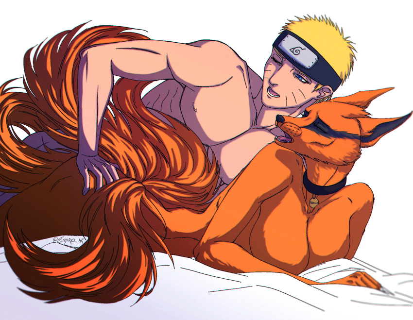 accessory anthro blonde_hair blue_eyes breasts canid canine collar collar_tag duo female fox fur hair hand_on_butt headband hi_res human kurama male mammal multi_tail naruto naruto_uzumaki orange_body orange_fur simple_background tail whiskers white_background