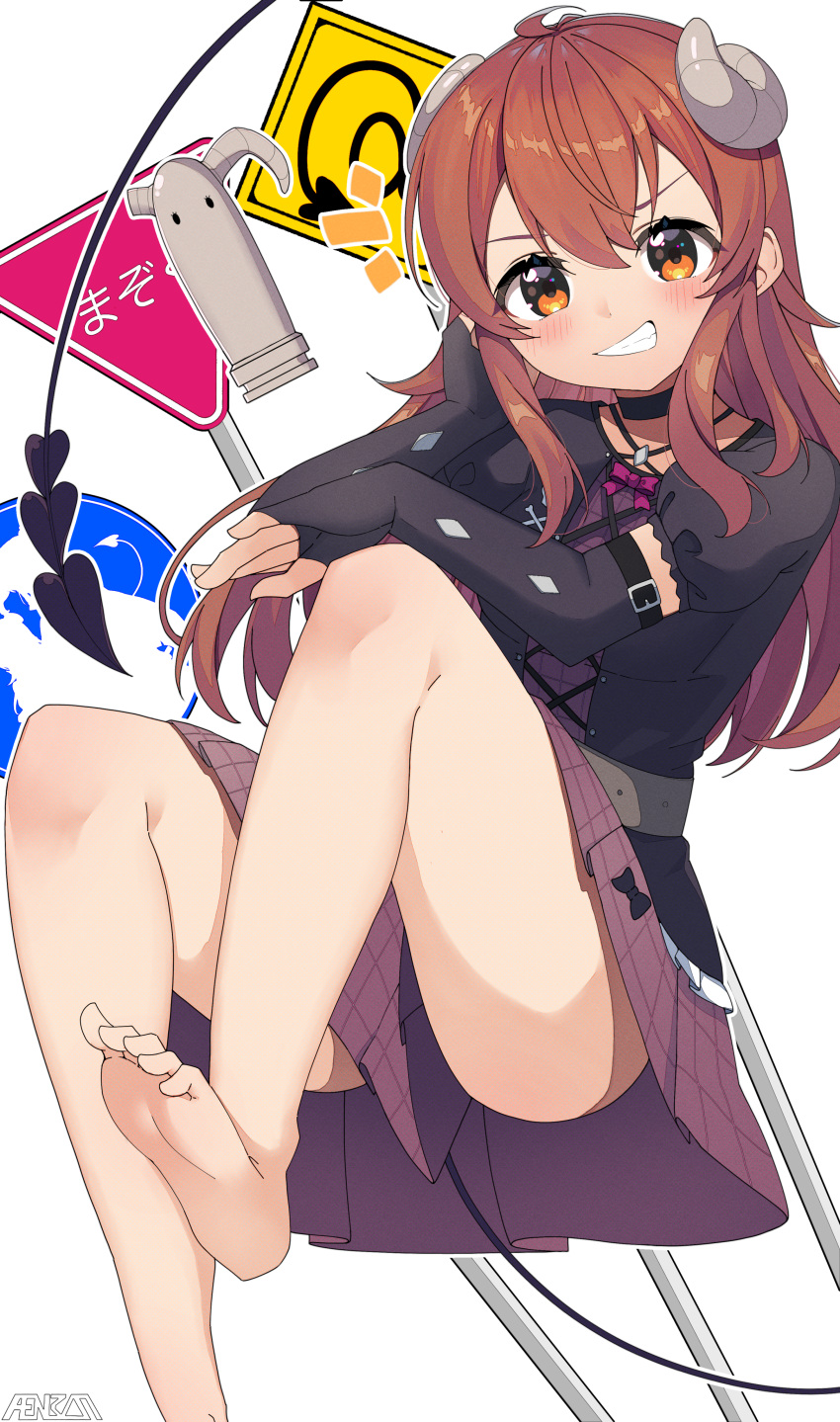 1girl absurdres ahoge bare_legs barefoot black_choker black_gloves black_shirt blush bow brown_eyes brown_hair choker commentary_request curly_hair curvy demon_girl demon_horns demon_tail elbow_gloves eyelashes feet fingerless_gloves foot_out_of_frame gloves grin hair_between_eyes head_rest highres horns knees_up lilith_(machikado_mazoku) long_hair looking_at_viewer machikado_mazoku miniskirt nokia_hiyou notice_lines official_alternate_costume pink_bow plaid plaid_skirt puffy_short_sleeves puffy_sleeves purple_skirt road_sign shirt short_sleeves sidelocks sign signature simple_background sitting skirt smile smirk smug soles solo tail tareme thighs toes v-shaped_eyebrows white_background yoshida_yuuko_(machikado_mazoku)