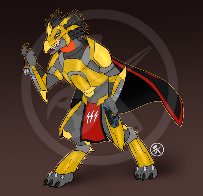 3_fingers 3_toes alien anthro armor avian avian_caruncle barefoot beak black_cape cape claws clothing colored cuirass cuisse digitigrade distracting_watermark dog_tags energy_sword energy_weapon fangs feather_hair feathered_crest feathers feet finger_claws fingers gesture gold_(metal) gold_armor greaves grey_body grey_feather_hair grey_feathers grey_skin gun halo_(series) hammer handgun head_crest headgear helmet hi_res holding_gun holding_handgun holding_object holding_pistol holding_weapon kig-yar licking licking_lips logo looking_at_viewer male melee_weapon microsoft open_mouth pistol plasma_pistol pseudo_hair pupils qios ranged_weapon red_neck scalie slit_pupils solo spaulder standing sword t'vaoan teeth toe_claws toes tongue tongue_out tools vambrace watermark weapon xbox_game_studios yellow_eyes