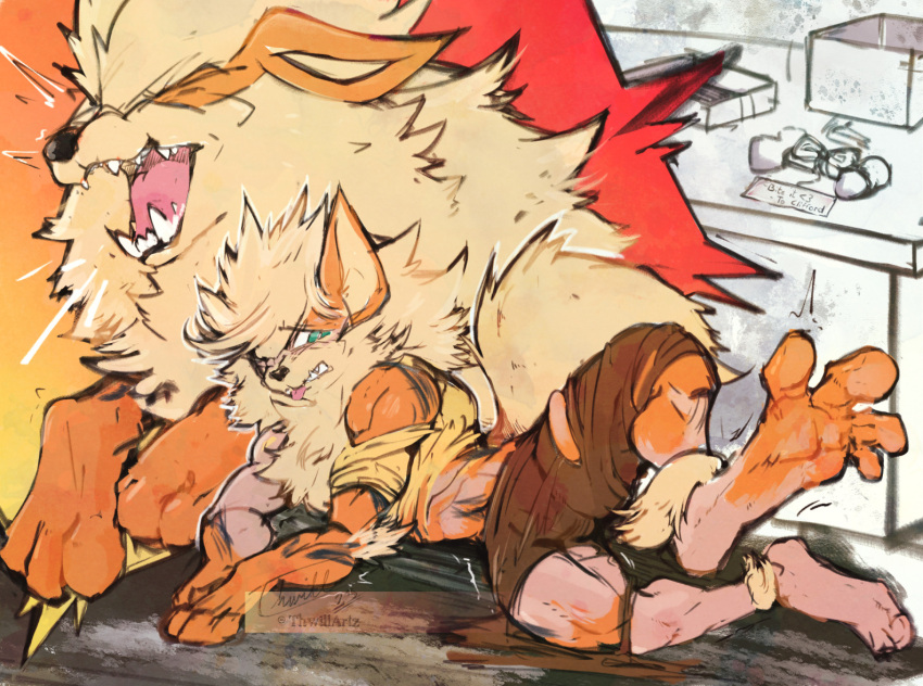 ankle_tuft arcanine blonde_hair bone canid clothed clothing expansion eyes_closed fangs feet feral foot_expansion fur generation_1_pokemon gift growth hair human human_to_feral leg_tuft male mammal nintendo orange_body orange_fur pokemon pokemon_(species) shirt solo species_transformation teeth thwillartz tongue tongue_out topwear torn_clothing transformation tuft