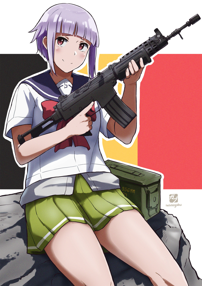 1girl ammunition_box artist_logo assault_rifle belgian_flag black_background blue_sailor_collar blunt_bangs bow closed_mouth commentary feet_out_of_frame flag_background fn_fnc fnc_(upotte!!) folding_stock gabuillust green_skirt grey_shirt gun handle highres holding holding_gun holding_weapon layered_clothes light_blush light_purple_hair looking_at_viewer multicolored_background on_rock pleated_skirt red_background red_bow red_eyes rifle rock sailor_collar school_uniform serafuku shirt short_hair short_sleeves sidelocks sideways_glance single_stripe sitting sitting_on_rock skirt smile solo striped thighs trigger_discipline untucked_shirt upotte!! weapon white_background white_serafuku white_stripes yellow_background