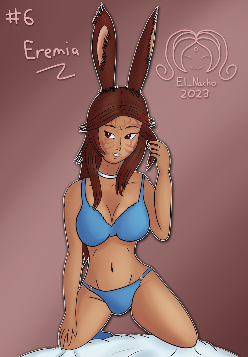 2023 absurd_res animal_humanoid big_breasts blue_clothing blue_footwear blue_lingerie blue_socks breasts character_name choker clothing colored dark_nose digital_drawing_(artwork) digital_media_(artwork) ear_tuft el_nacho eremia_atoel facial_markings female final_fantasy final_fantasy_xiv footwear forehead_gem grin hair hand_on_knee hand_on_leg head_markings hi_res holding_hair humanoid jewelry kneeling lagomorph lagomorph_humanoid lingerie lipstick long_hair makeup mammal mammal_humanoid markings mole_(marking) navel necklace orange_gem outline red_eyes shaded signature silver_(metal) silver_choker silver_jewelry silver_necklace simple_background smile socks solo square_enix touching_hair tuft viera white_outline