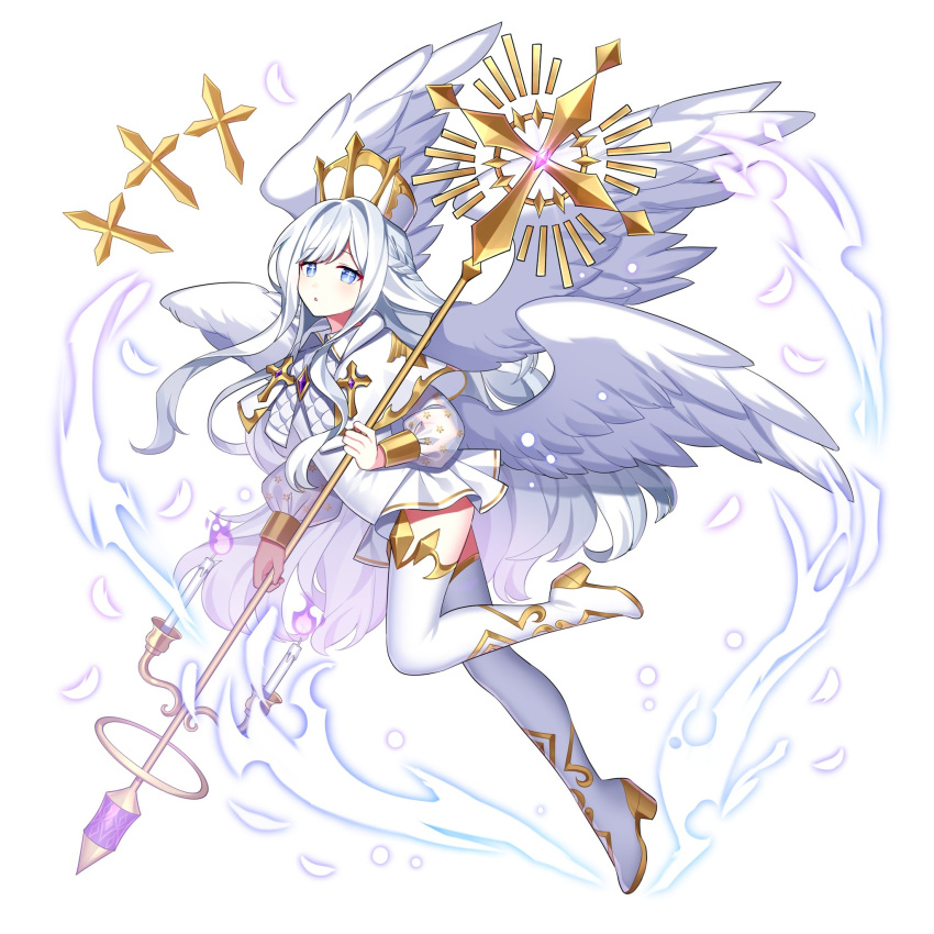1girl blue_eyes boots capelet feathered_wings feathers full_body highres long_hair low_wings original simple_background solo swept_bangs thigh_boots very_long_hair waka_(wk4444) white_capelet white_footwear white_hair white_wings wings