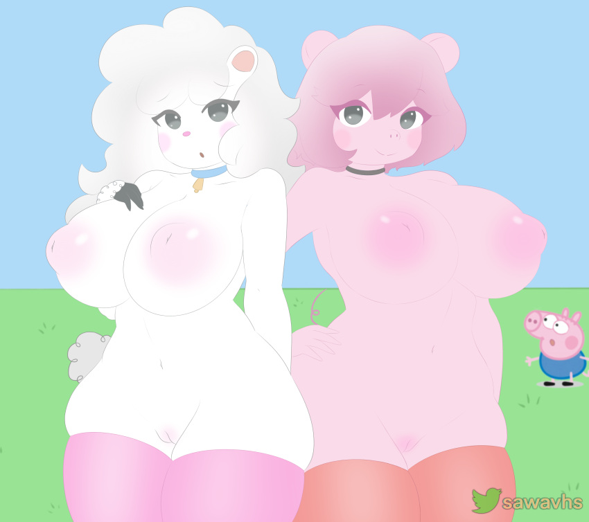 aged_up bell big_breasts blush bovid breasts caprine choker clothing domestic_pig duo female female/female hair hi_res huge_breasts humanoid inverted_nipples jewelry legwear looking_at_viewer mammal mochagato necklace nipples peppa_pig_(character) pink_hair sawavhs sawavhs_(artist) sheep smile smiling_at_viewer suid suina sus_(pig) suzy_sheep thigh_highs white_hair