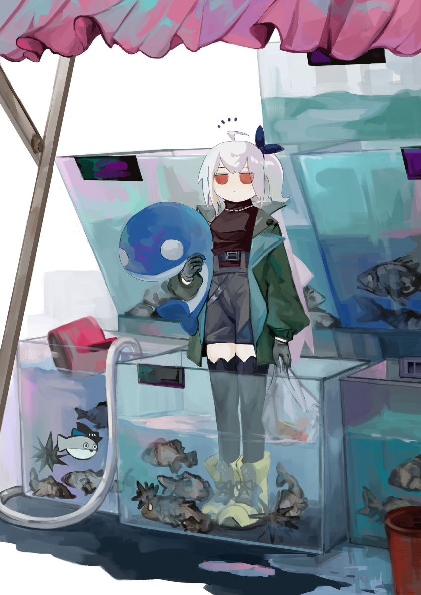 1girl absurdres ahoge aquarium arknights bag belt belt_buckle black_belt black_shirt black_thighhighs blue_ribbon boots bucket buckle bulong144 chinese_commentary closed_mouth commentary_request expressionless fish full_body gloves green_jacket grey_gloves grey_hair grey_shorts hair_ribbon highres holding holding_bag holding_stuffed_toy jacket jitome long_hair long_sleeves official_alternate_costume open_clothes open_jacket orange_eyes plastic_bag puddle ribbon sea_urchin shirt shoelaces shorts skadi_(arknights) skadi_(the_next_afternoon_tea)_(arknights) solo stuffed_animal stuffed_fish stuffed_toy thighhighs very_long_hair yellow_footwear