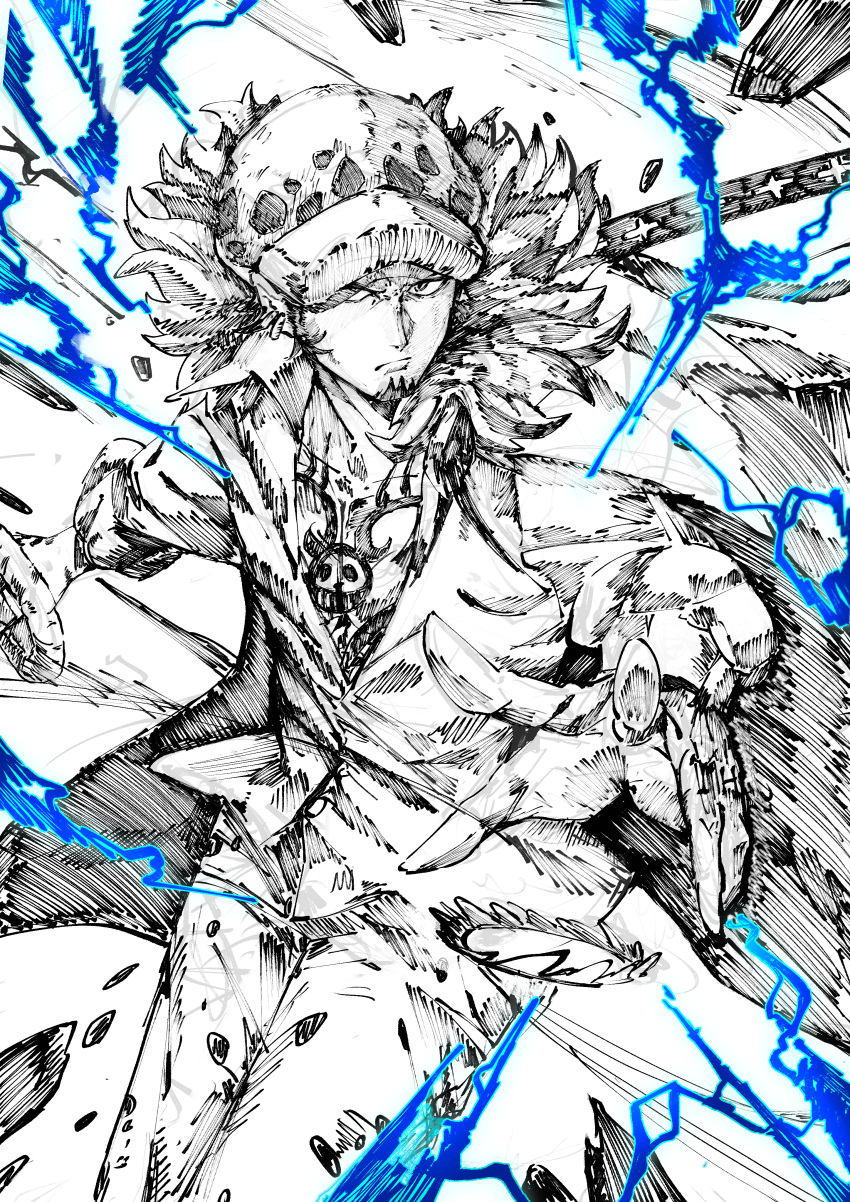 1boy absurdres black_hair chest_tattoo closed_mouth coat earrings facial_hair fur-trimmed_coat fur_hat fur_trim goatee hat hat_over_one_eye highres jewelry male_focus monochrome one_piece open_clothes satomaru31000 short_hair sideburns solo spot_color tattoo trafalgar_law