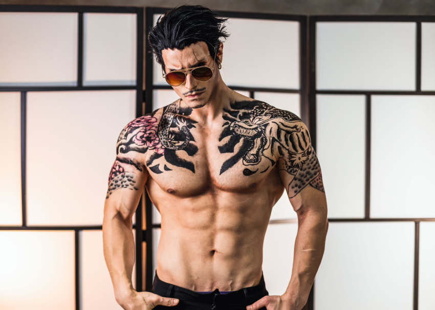 1boy abs arm_tattoo black_hair black_pants chest_tattoo closed_mouth cosplay_photo facial_hair facing_viewer forked_eyebrows goatee gokushufudou hair_slicked_back hand_in_pocket head_tilt highres male_focus muscular muscular_male mustache navel nipples pants pectorals photo_(medium) scar scar_across_eye short_hair solo sunglasses taryn_cosplay tatsu_(gokushufudou) tattoo topless_male upper_body veiny_crotch wall