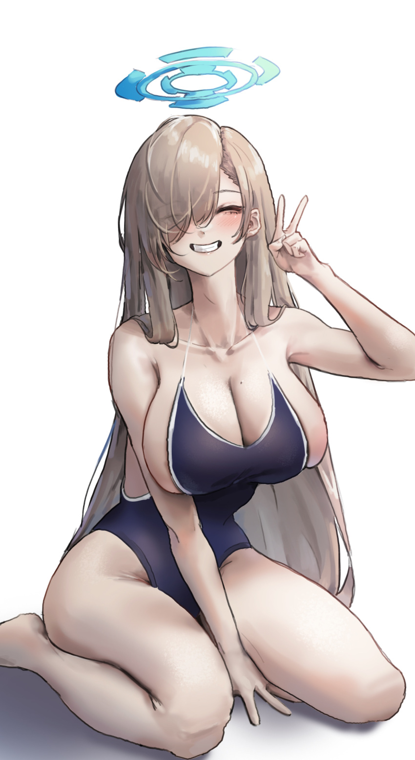 1girl ^_^ absurdres asuna_(blue_archive) bare_arms bare_shoulders blue_archive blue_one-piece_swimsuit breasts cleavage closed_eyes commentary_request facing_viewer grey_hair grin hand_up highres large_breasts long_hair one-piece_swimsuit simple_background sitting smile solo swimsuit thighs uth_95 v very_long_hair wariza white_background
